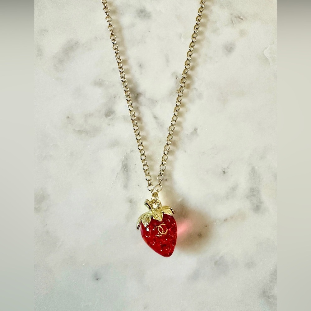 Gold Tone Strawberry Pendant Necklace